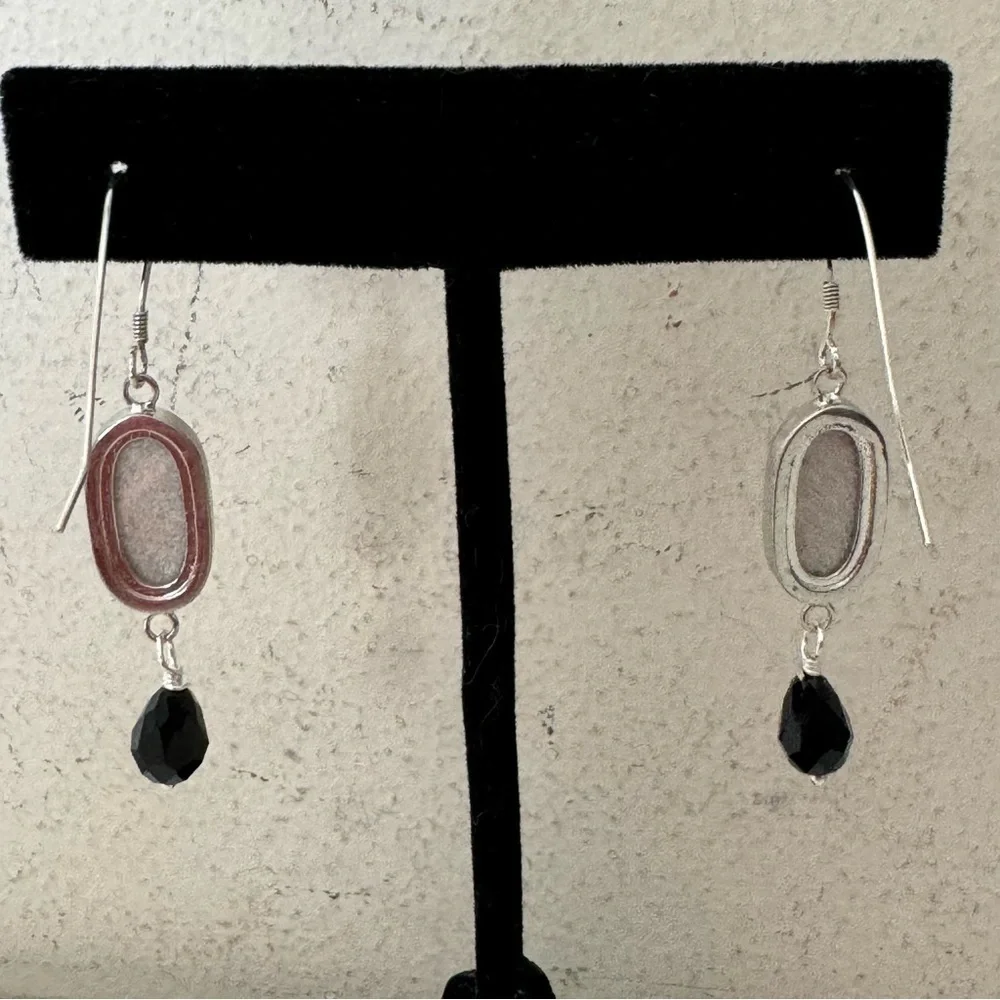 925 Sterling Silver Black Druzy Gemstone and Crystal Drop Earrings NEW